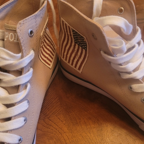 Polo Ralph Lauren Tan Red Blue White High Top Sneakers Size 6/8 - Picture 3 of 6